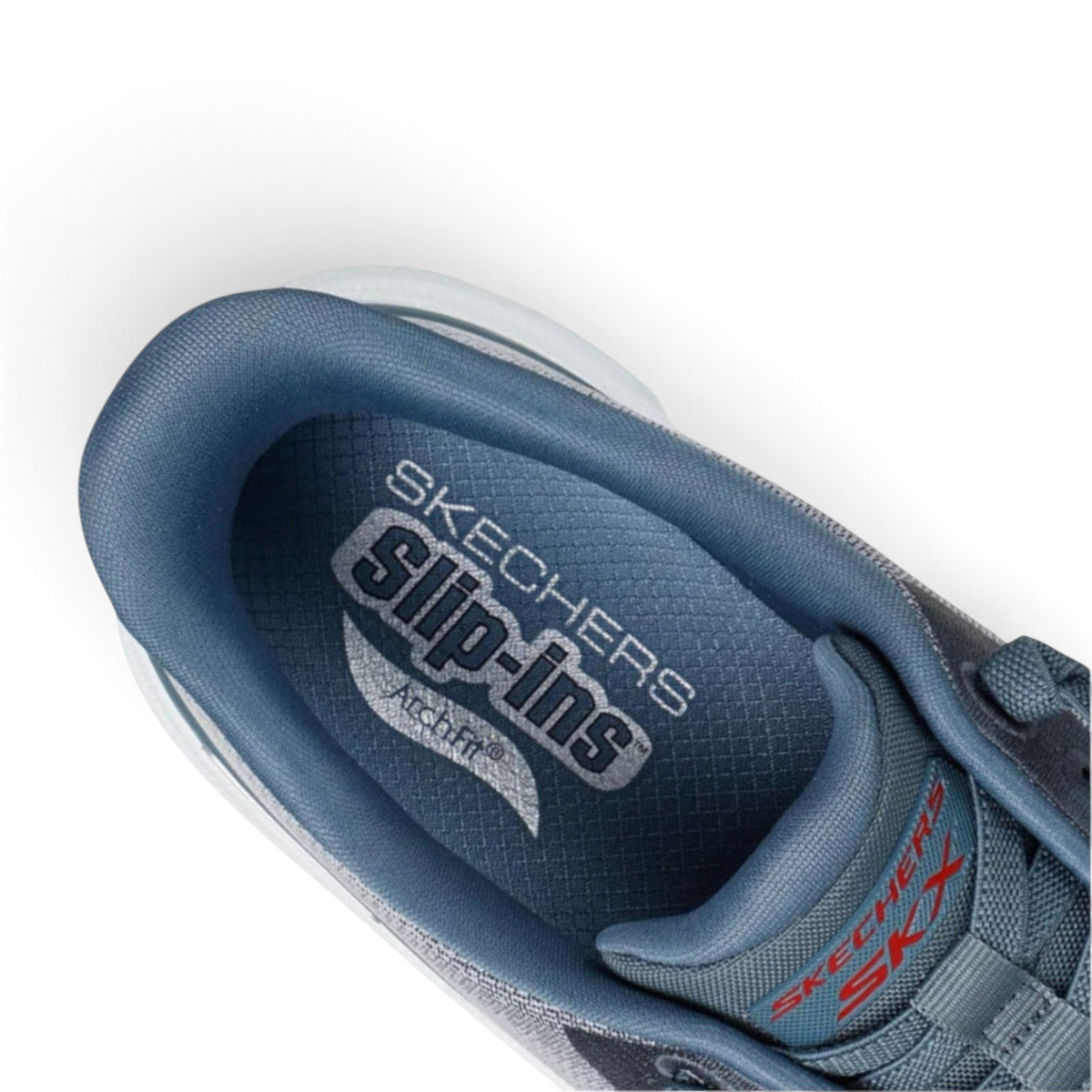 FRG Skechers Arch Fit Glide-Step Pro slip-on sneaker in light gray and blue with cushioned interior and logo detail