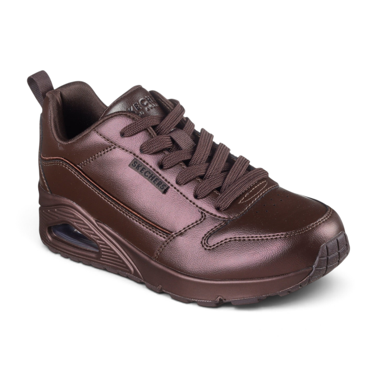 FRG Skechers Street Uno Galactic Gal chocolate brown metallic lace-up sneaker with visible air-cushioned heel