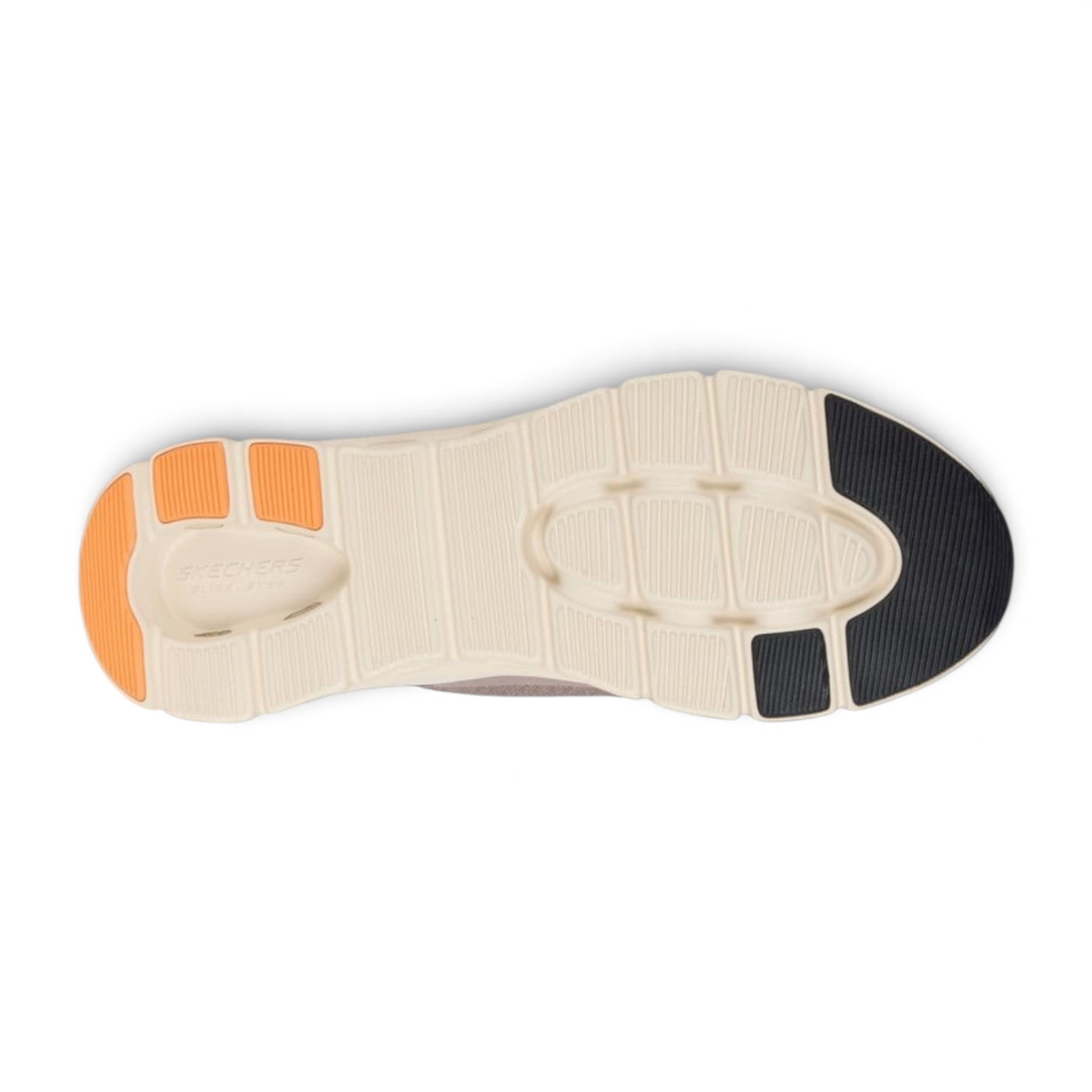 FRG Skechers Arch Fit Glide-Step Pro sneaker outsole in taupe with orange and black traction pads