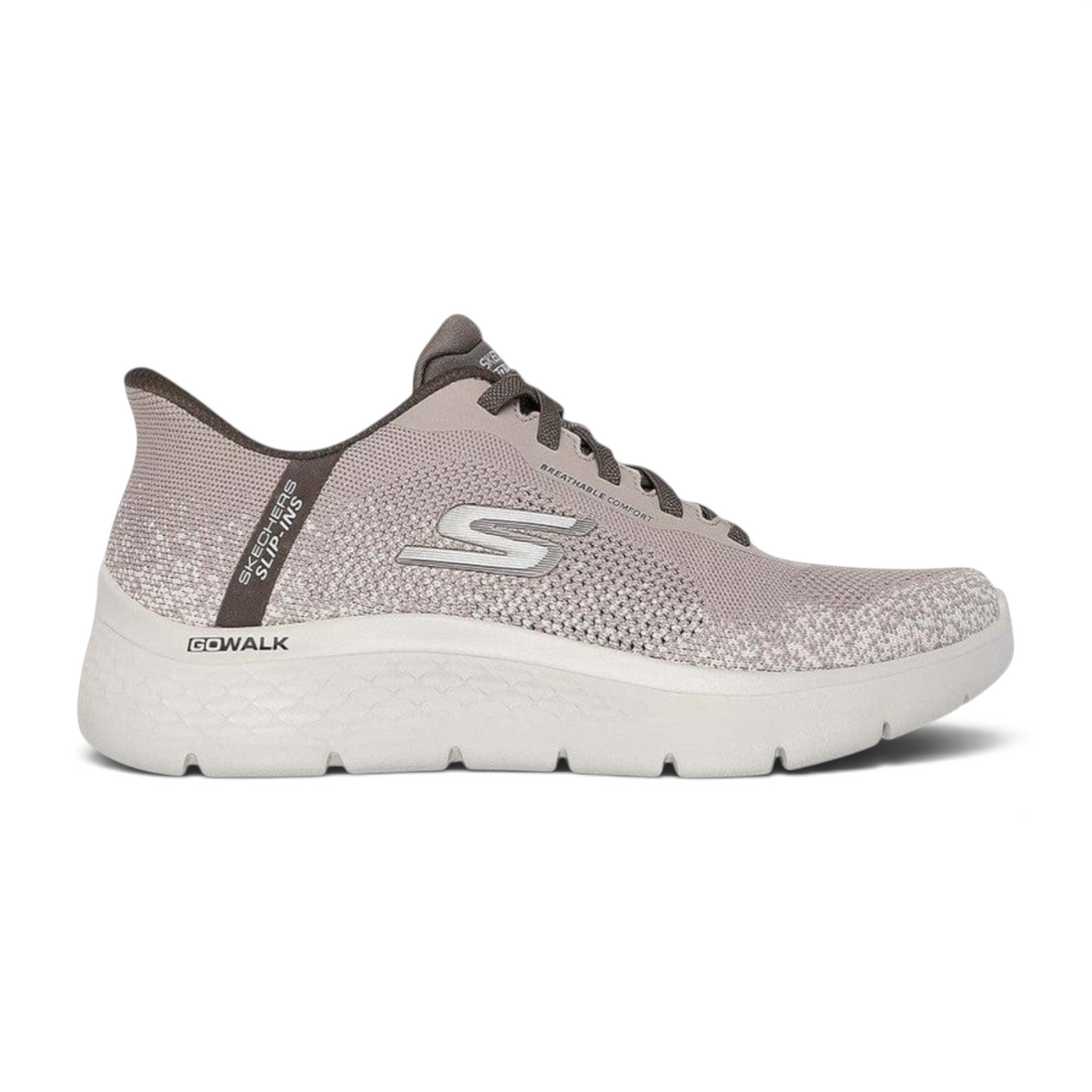FRG Skechers GO WALK Flex Palomo taupe slip-on sneaker with breathable splatter knit upper and cushioned midsole