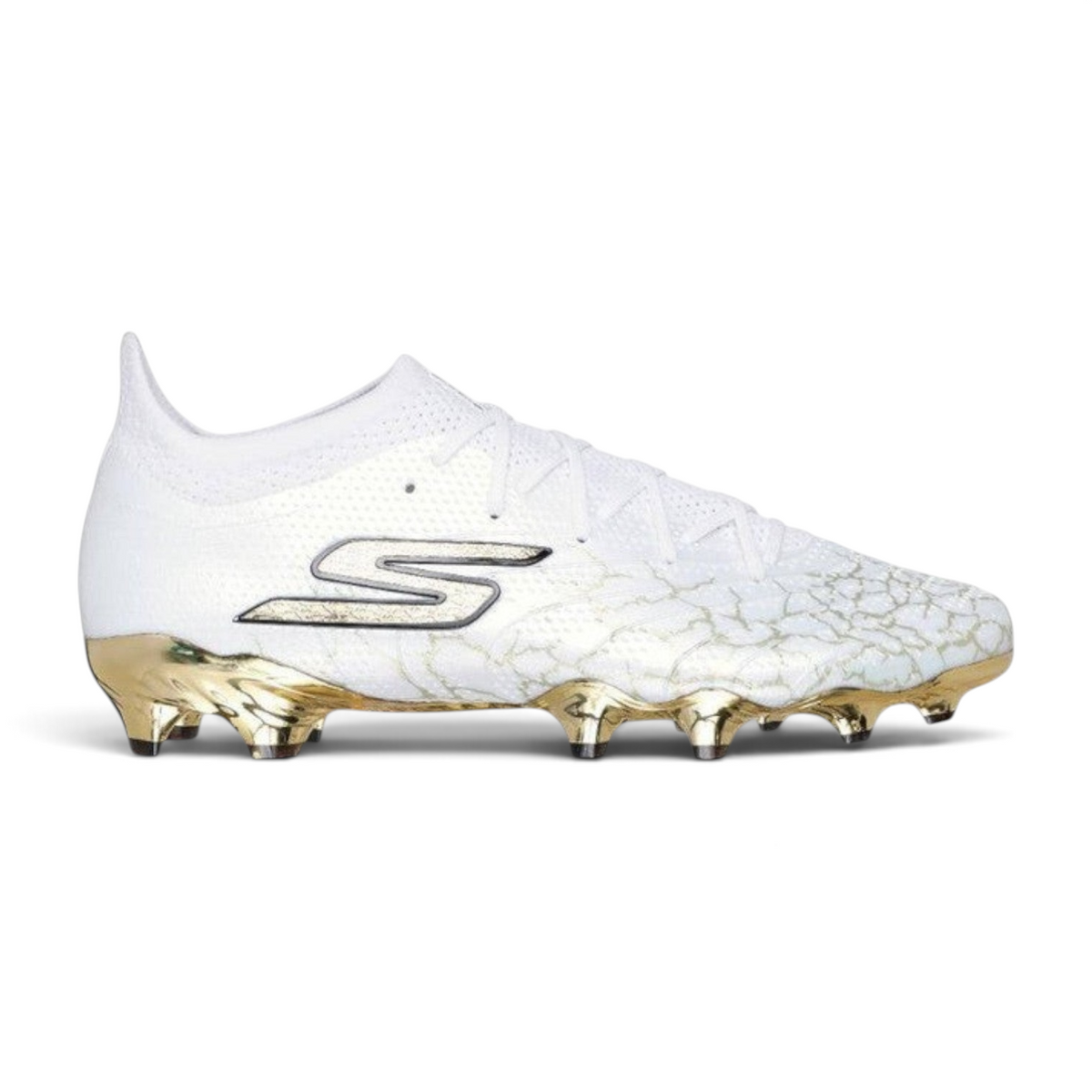 FRG Skechers SKX 01 football boot in white with black accents and a metallic gold sole plate for precise control.