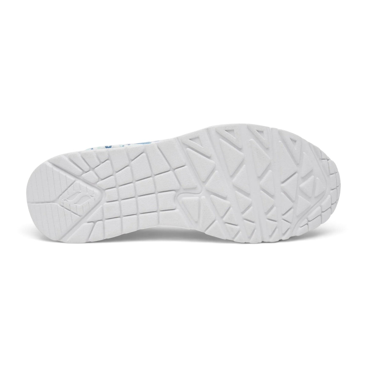 FRG Skechers Uno Spread The Love sneaker showing the white textured rubber outsole with geometric tread pattern