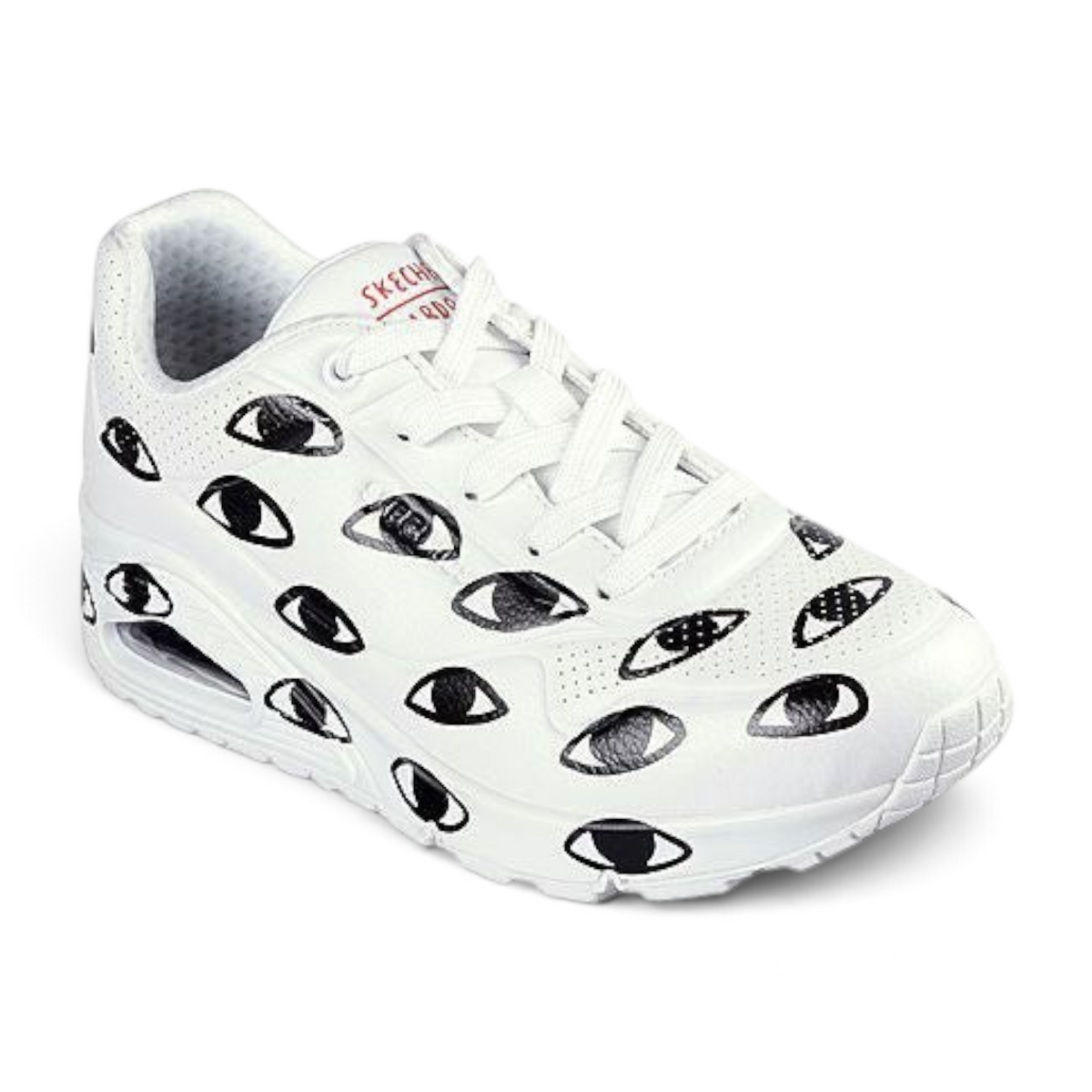 FRG UNO MANY EYES white sneaker featuring a playful black eye print pattern and a cushioned platform sole