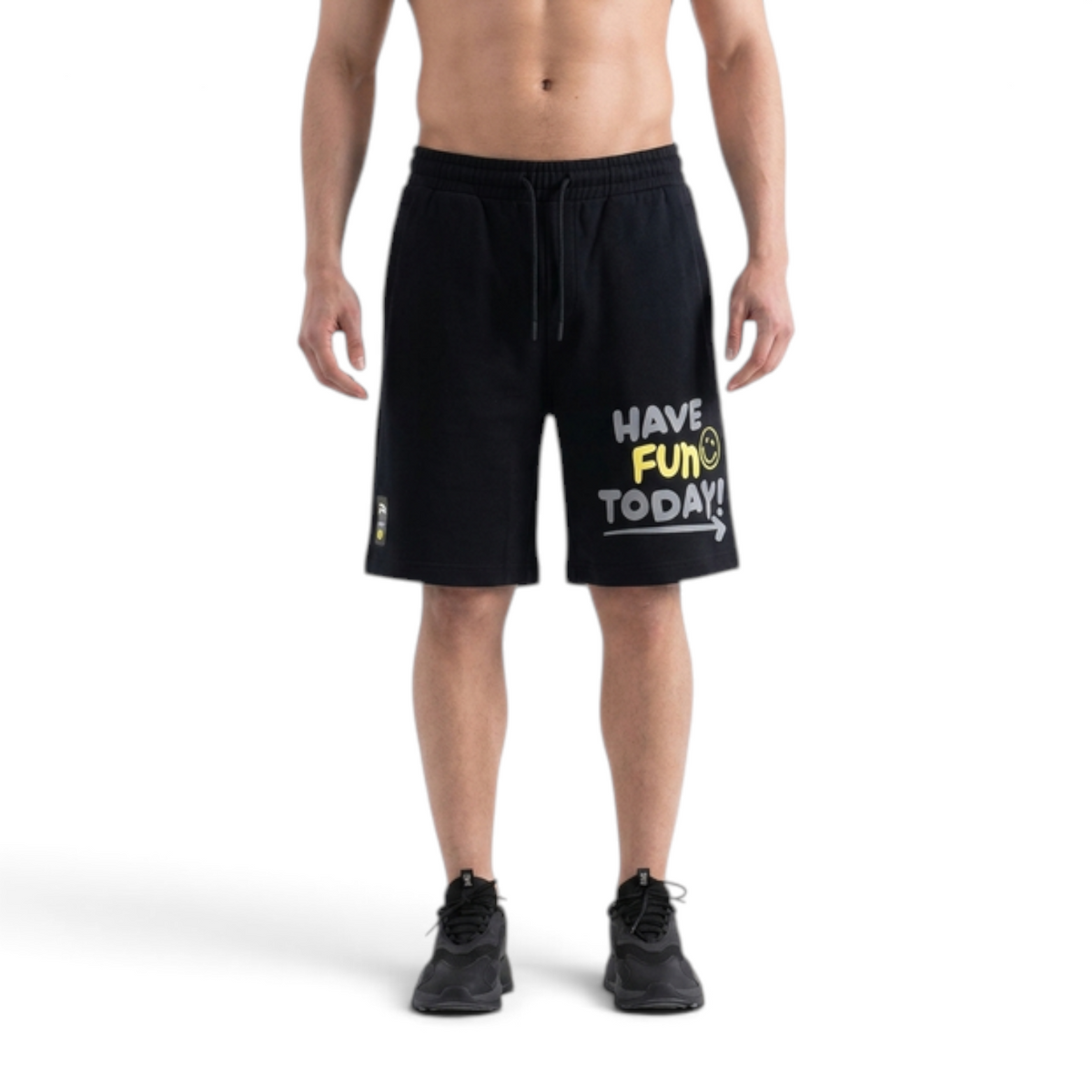 FRG ANTA black knit shorts with Have Fun Today graphic print and drawstring waist worn by a man