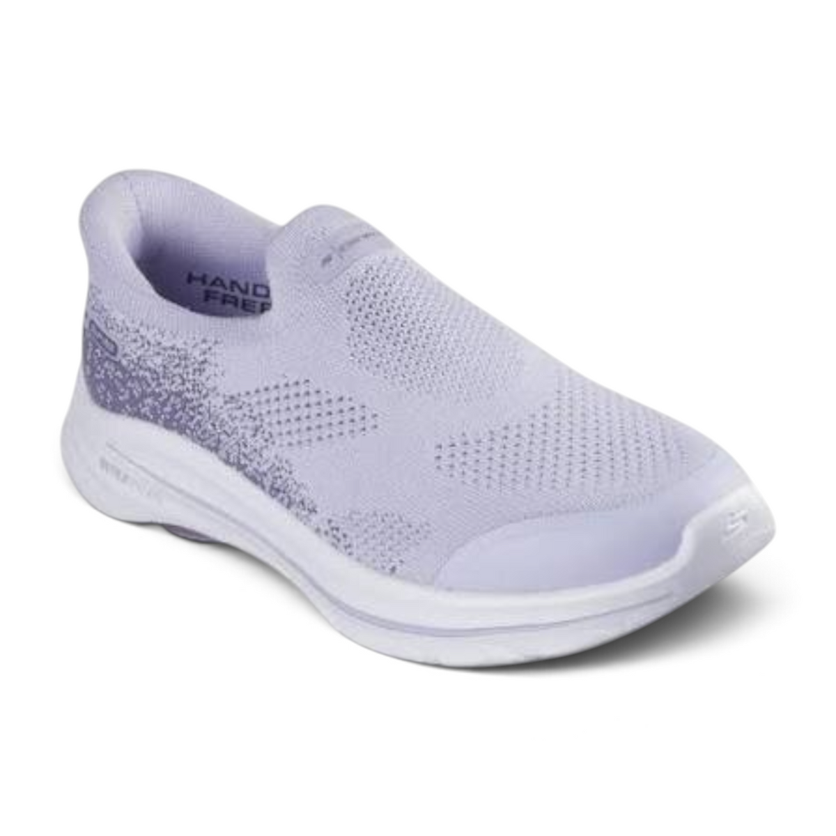 FRG Skechers GO WALK 8 Nova lavender slip-on sneaker with a breathable knit upper and cushioned white sole.