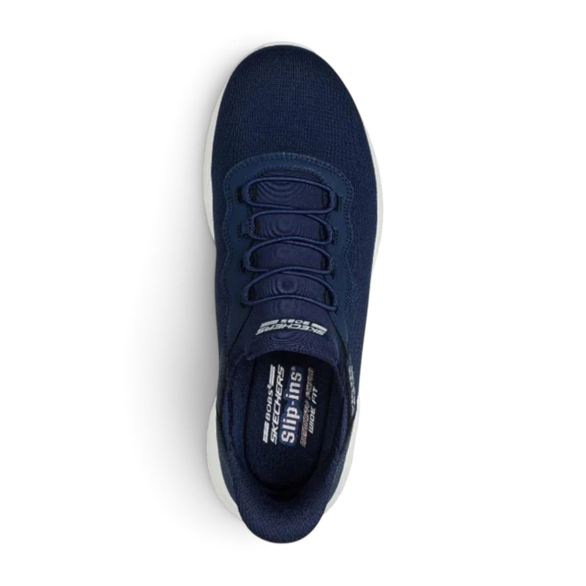 FRG Skechers Bobs Squad Chaos Daily Hype navy blue vegan slip-on sneaker with white sole, top-down view