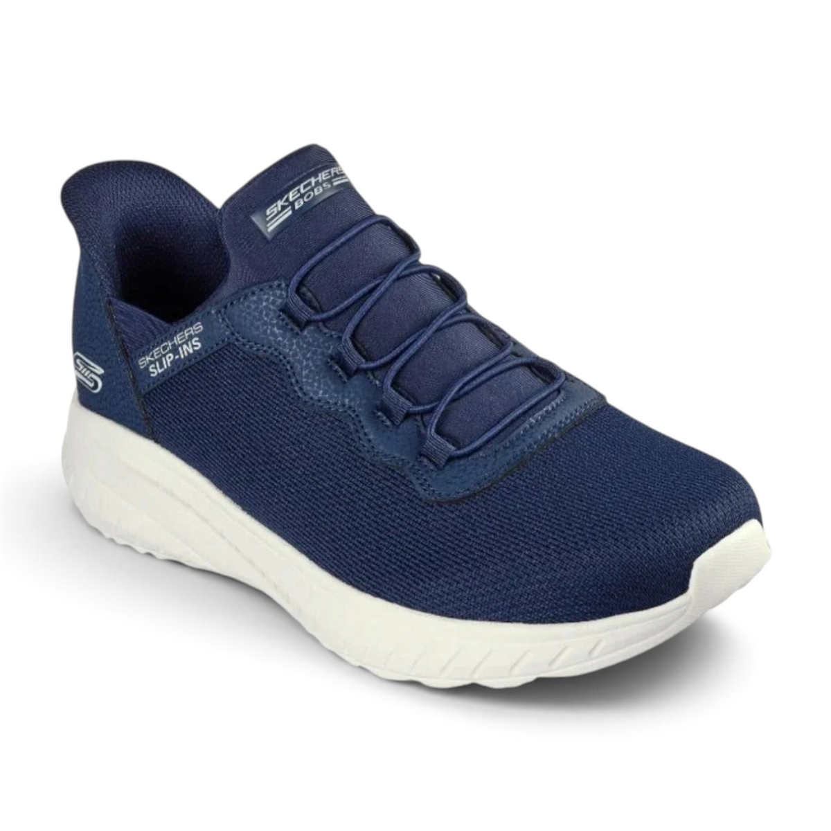 FRG Skechers Bobs Squad Chaos Daily Hype navy blue vegan slip-on sneaker with a white cushioned sole.