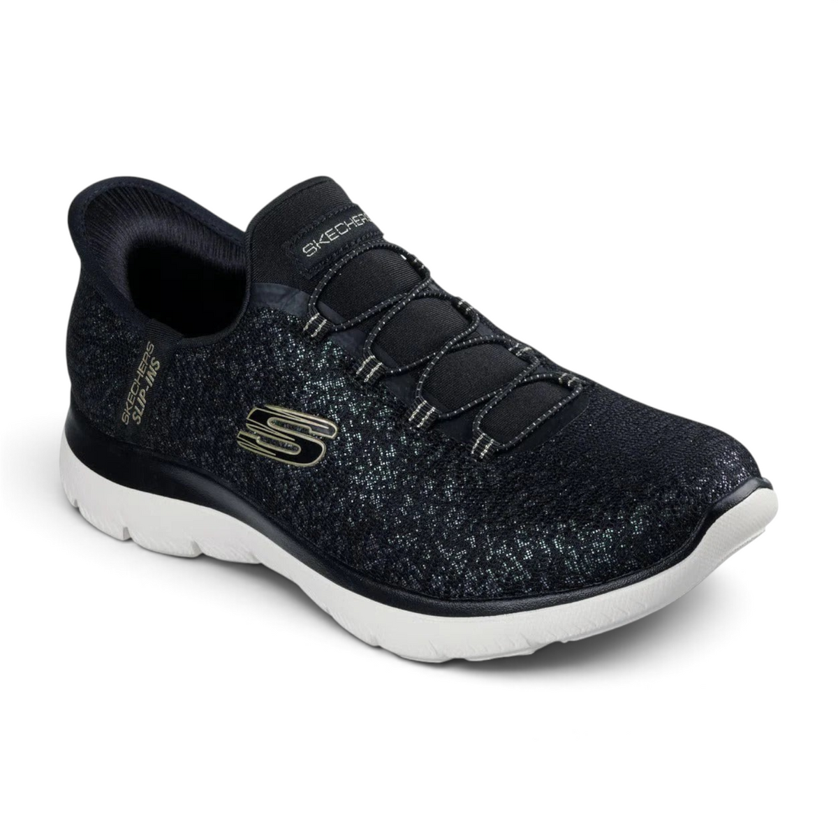 FRG Skechers Summits Lunar Glow slip-on sneakers in black with gold accents and iridescent mesh upper