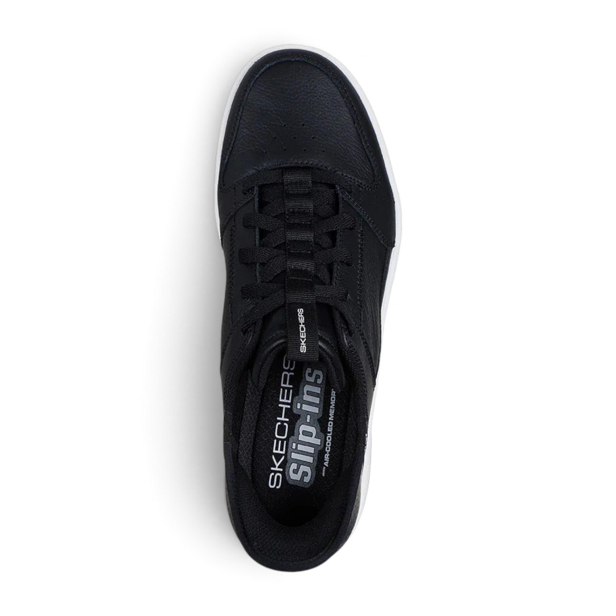 FRG Skechers Sport Court 92 Distown black knit slip-on sneaker with white sole, top-down view.