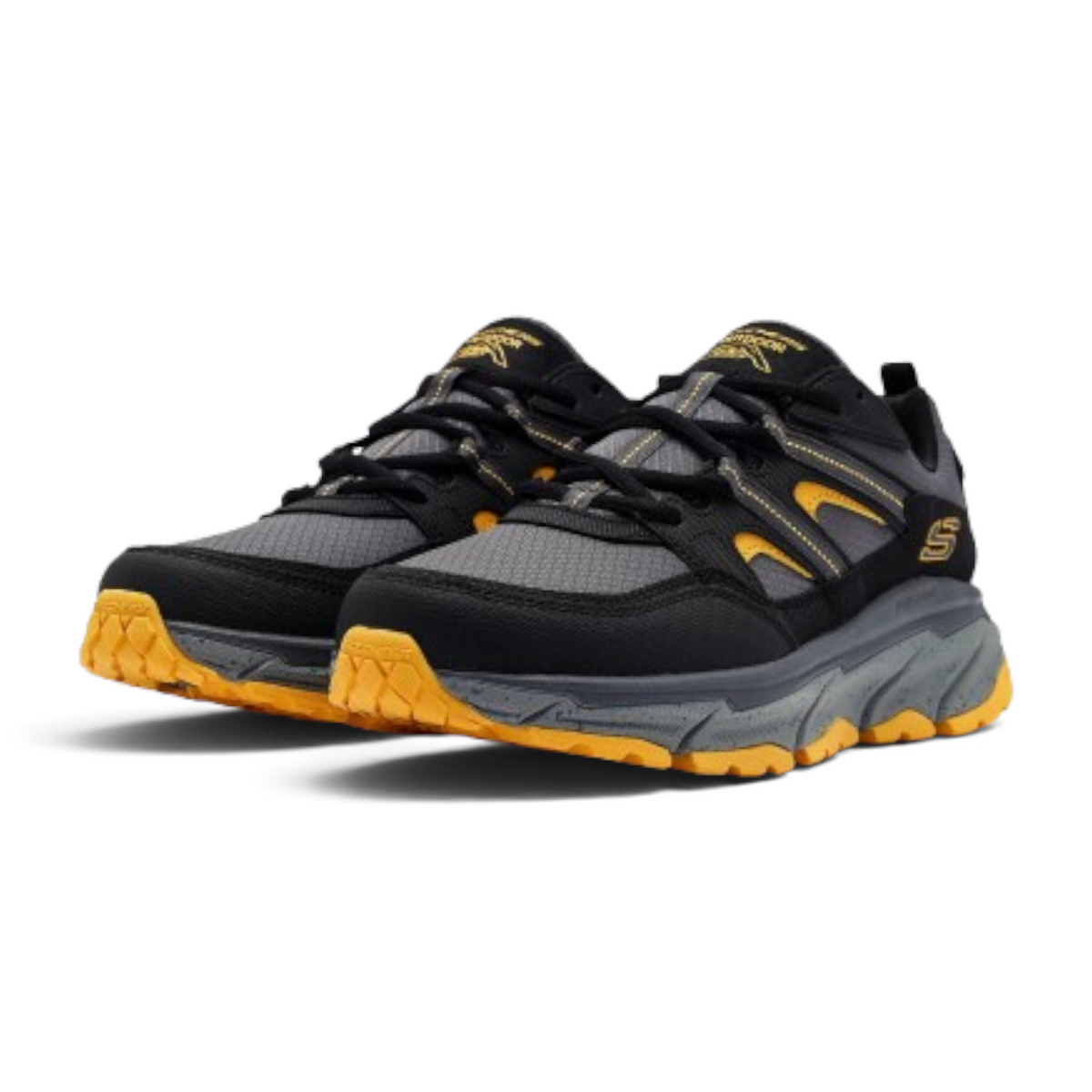 FRG Skechers Relaxed Fit D'Lux Journey hiking shoes in black and yellow with breathable mesh and cushioned soles