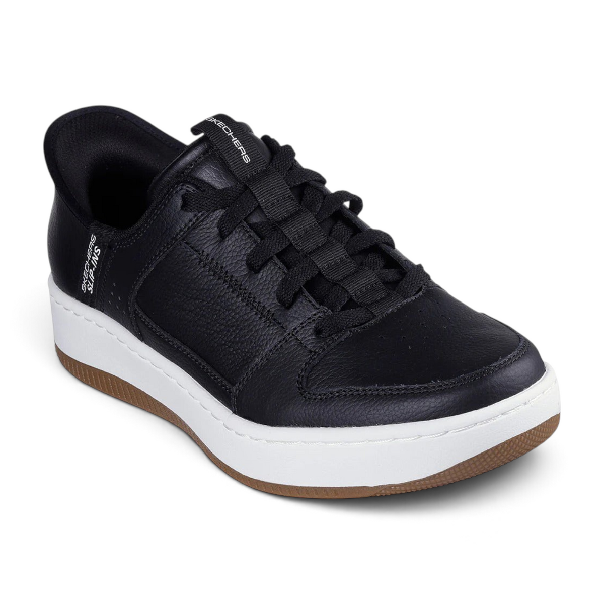 FRG Skechers Sport Court 92 black slip-on sneakers with a white midsole and gum rubber outsole.
