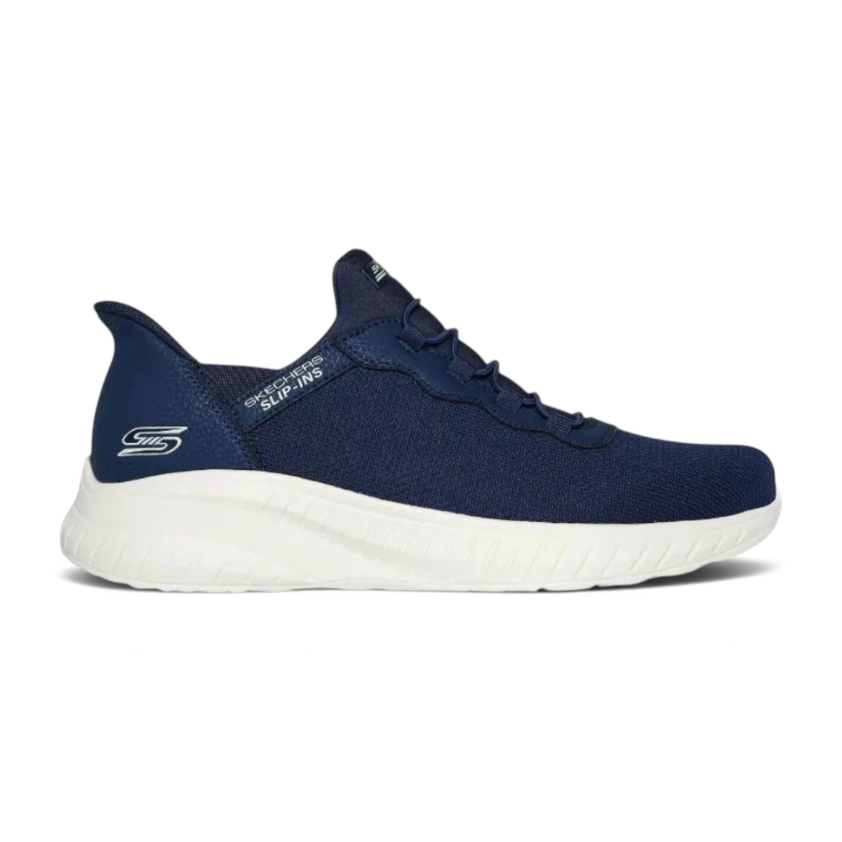 FRG Skechers Bobs Squad Chaos Daily Hype navy vegan slip-on sneaker with a white cushioned sole