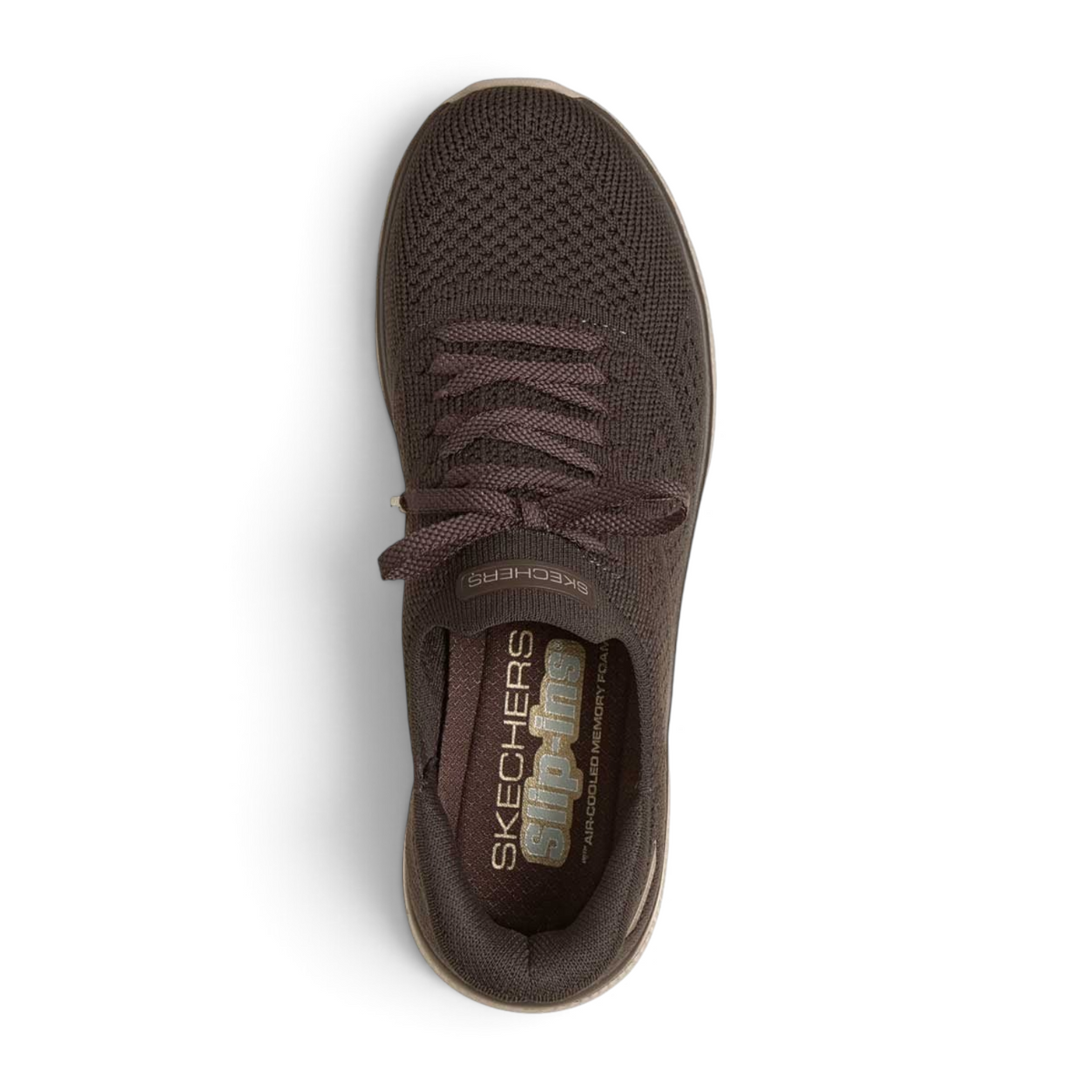 FRG Skechers Virtue Flawless chocolate brown lightweight slip-on sneakers with a breathable knit sock-like upper