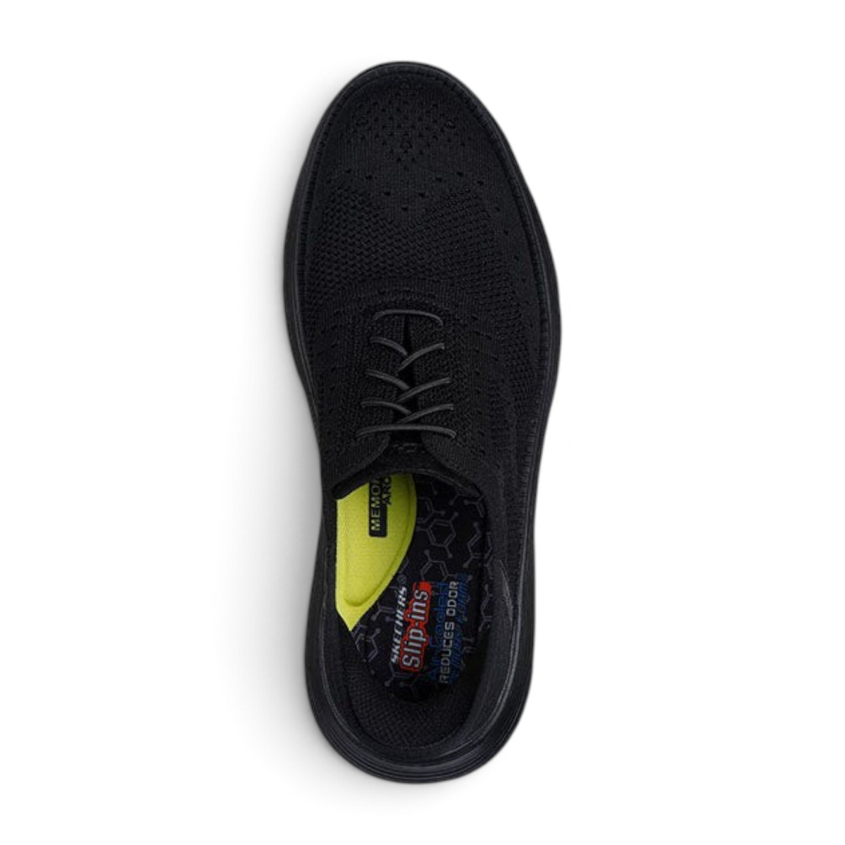 FRG Skechers Garza Palma black wingtip slip-in shoe with engineered knit upper and memory foam insole, top view
