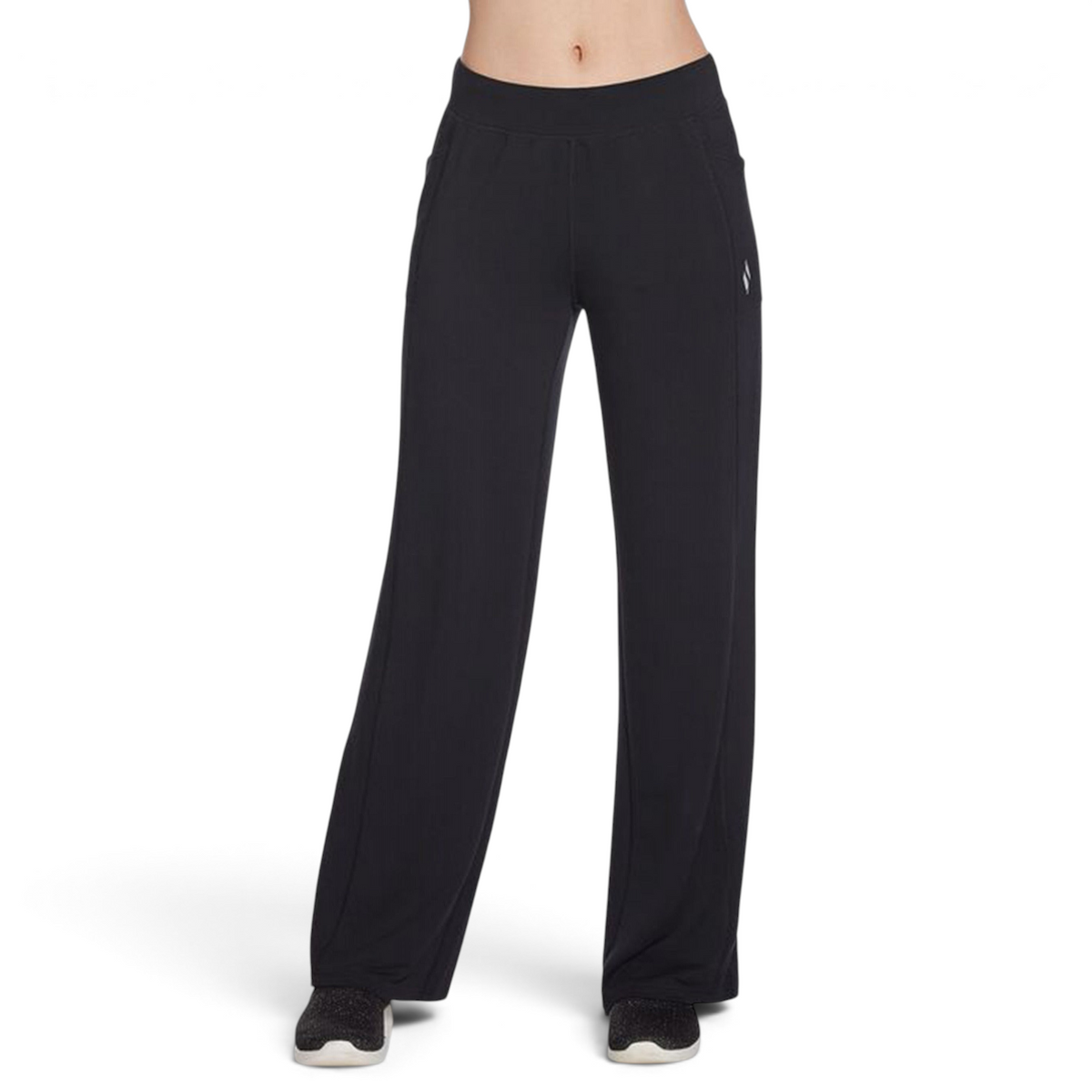 FRG black 4 pocket pants with a wide-leg fit and comfortable elastic waistband worn by a model.