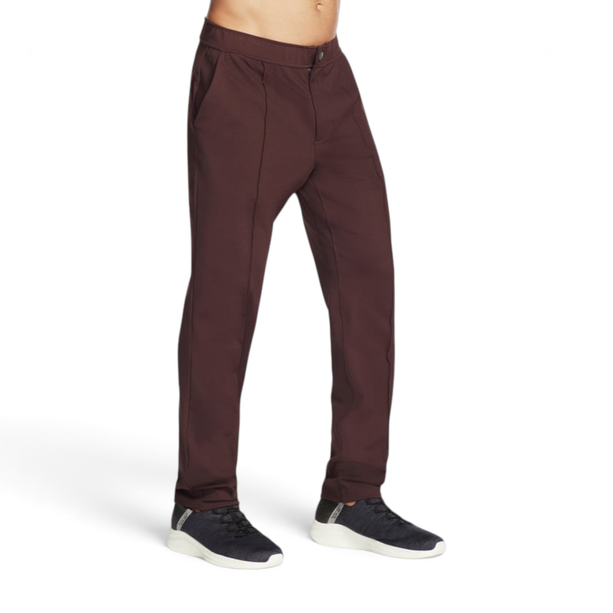 FRG THE GOWALK PANT HYBRID in dark brown, featuring a slim fit, front seam detail, and a comfortable waistband.