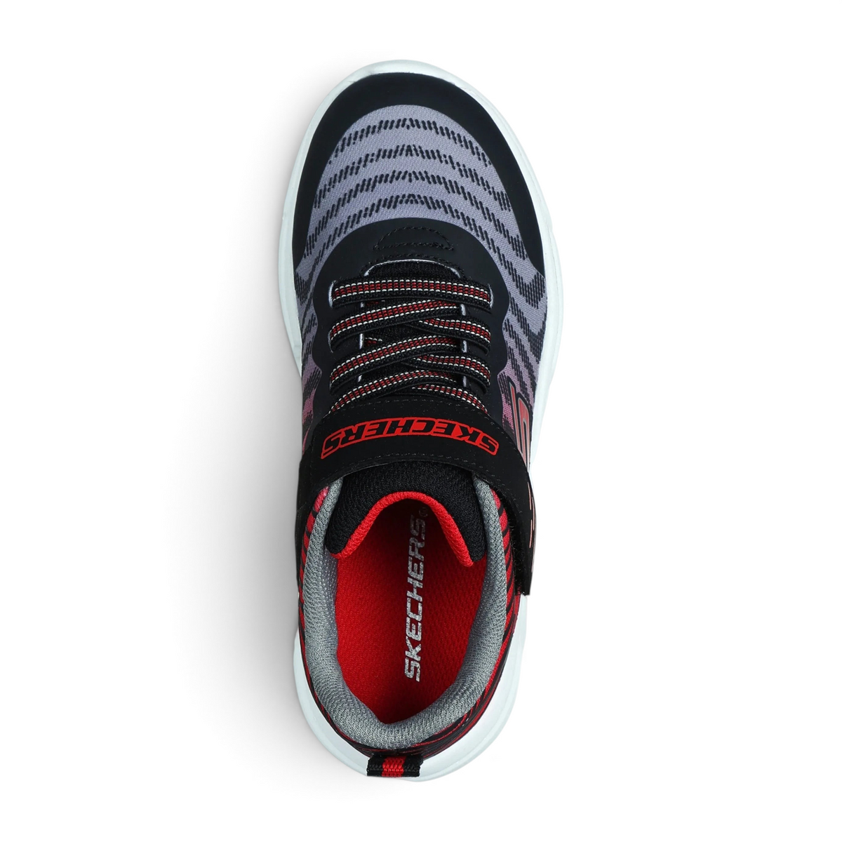 FRG GO RUN 650 kids running shoe in black and grey with red accents, featuring a hook-and-loop strap and mesh upper.