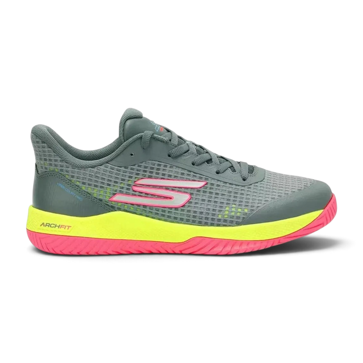 FRG Skechers Viper Court Pro pickleball shoe in gray with pink and neon yellow accents and Arch Fit technology.