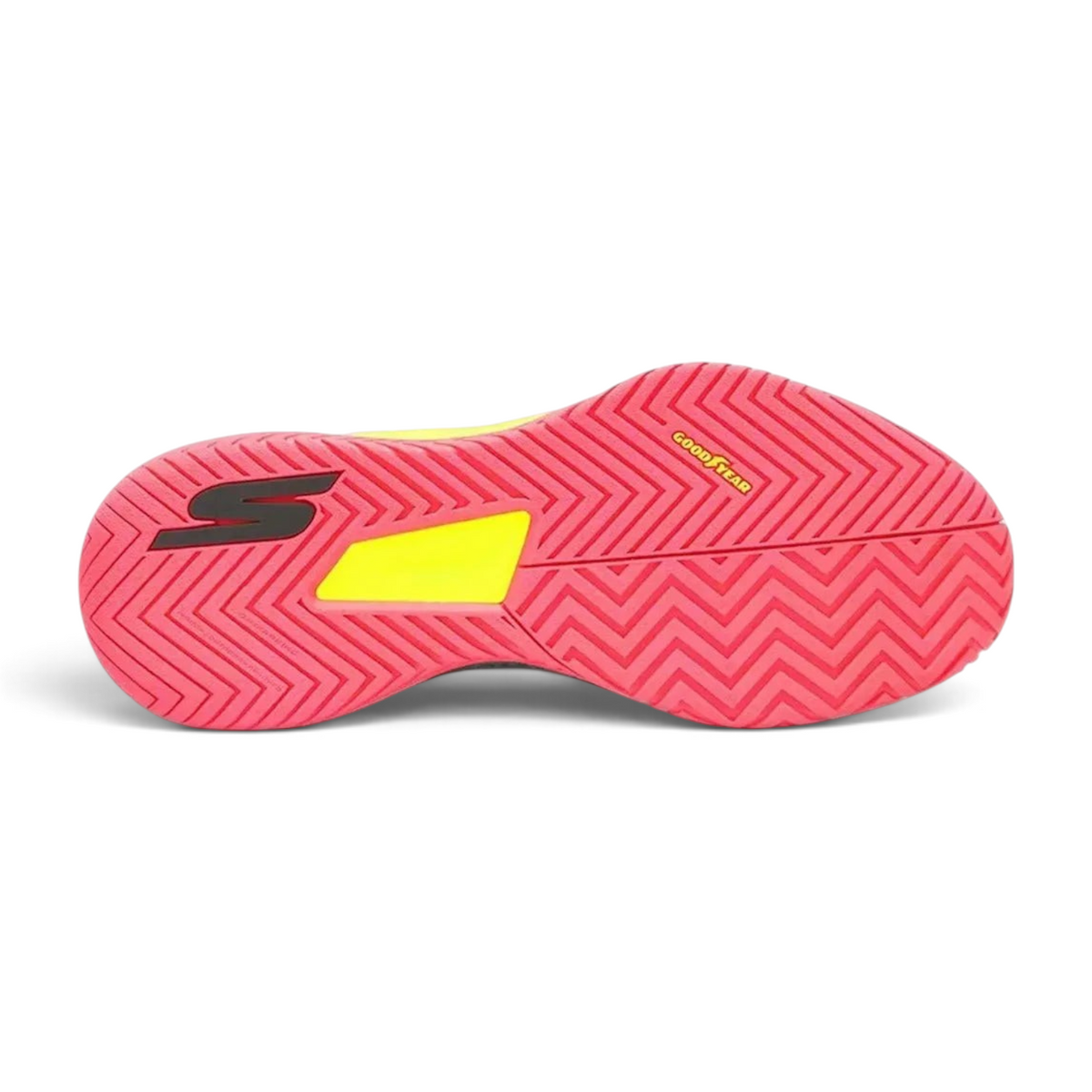 FRG Skechers Viper Court Pro pickleball shoe sole in pink and yellow with Goodyear performance rubber tread