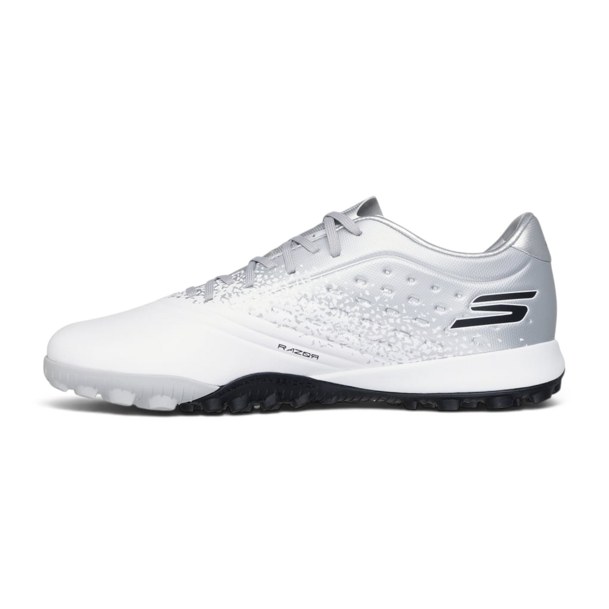 FRG Skechers Razor 1.5 Academy TF turf soccer boot in white and silver with a black multidirectional grip outsole.