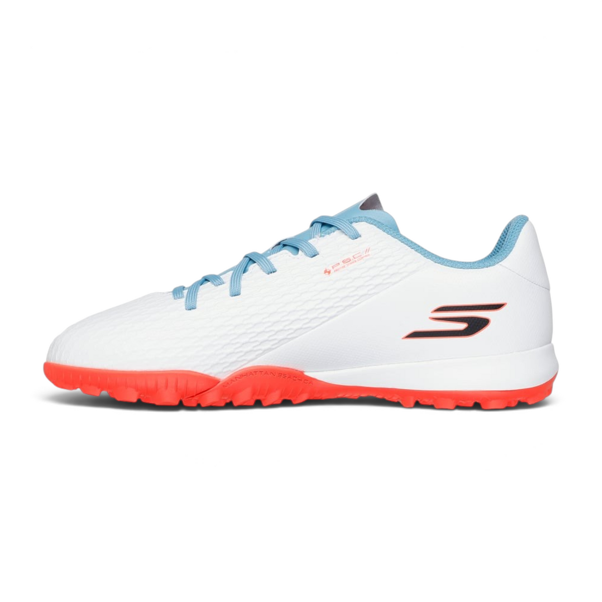 FRG Skechers SKX_2 Jr youth turf soccer boots in white with turquoise laces and a bright pink sole