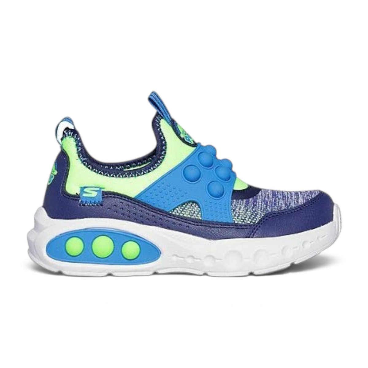 FRG SKECH POPS kids slip-on sneaker in blue and lime green with bubble-pop sensory side detail and white sole