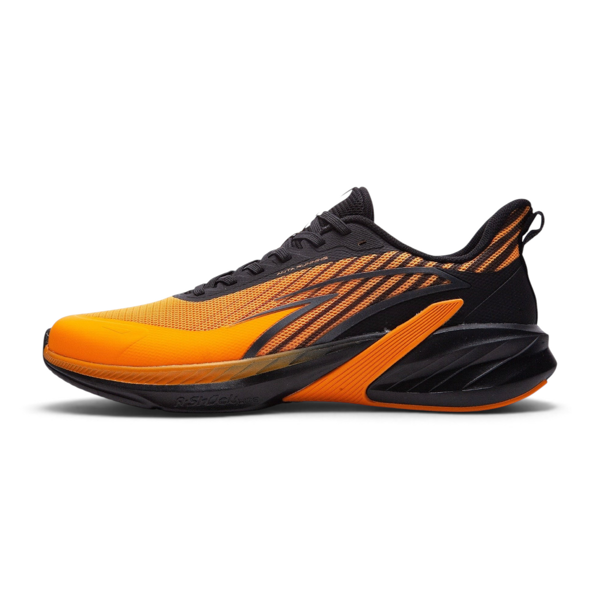 FRG running shoes in vibrant orange and black with a breathable mesh upper and cushioned R-Shock sole