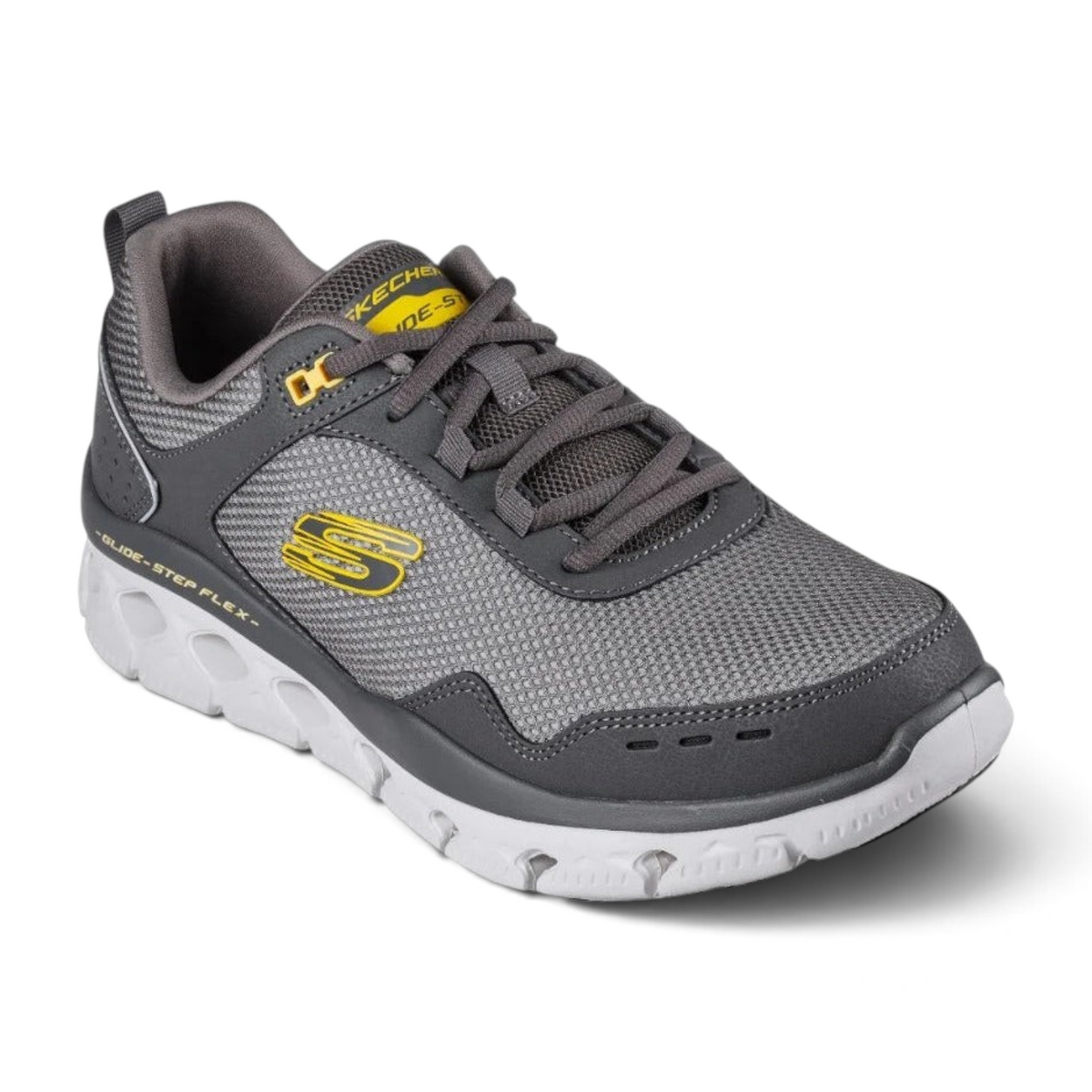 FRG GLIDE-STEP FLEX grey mesh athletic sneakers with yellow accents and a white cushioned sole