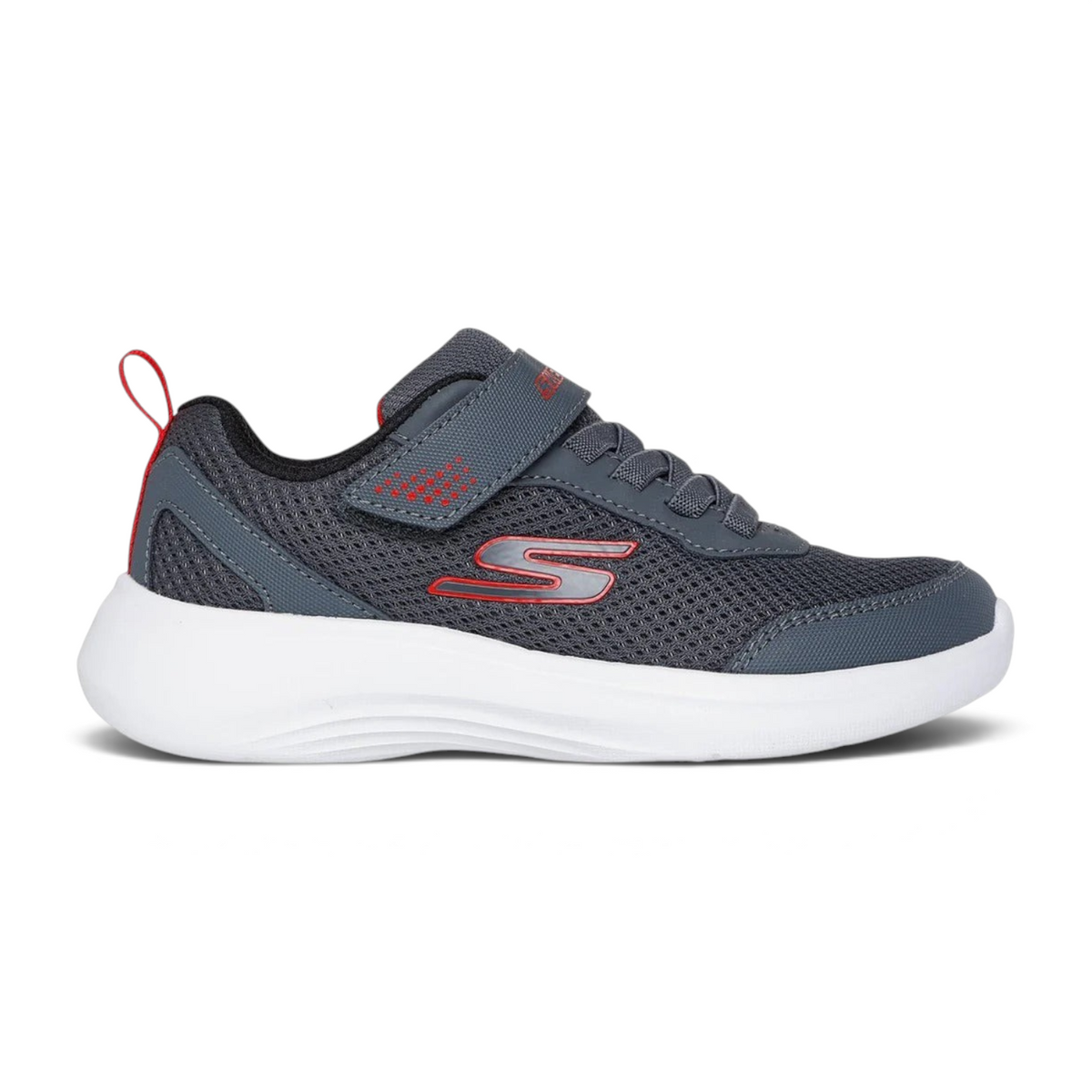 FRG SELECTORS RESET ACHIEVED kids grey mesh sneakers with red accents, velcro strap, and white cushioned sole