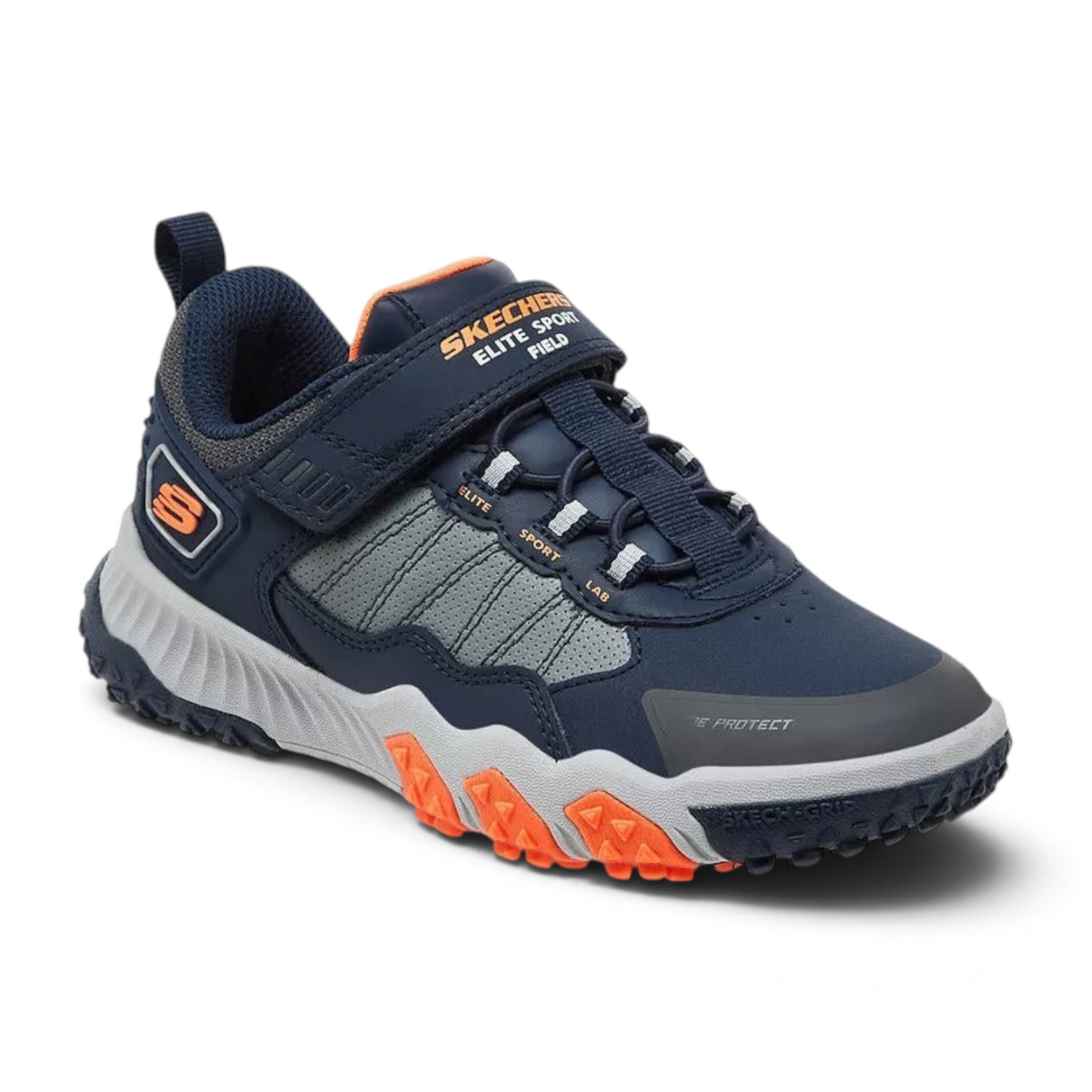 FRG SKECHERS ELITE SPORT FIELD navy and grey athletic sneaker with orange accents and hook-and-loop strap closure