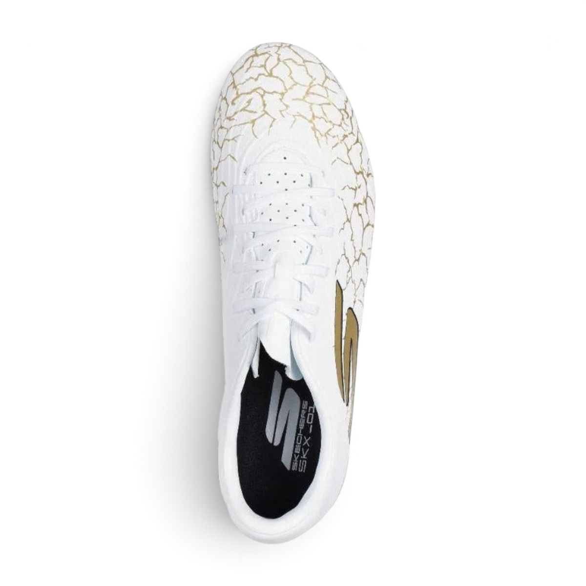 FRG Skechers SKX 1.5 Academy FG football boot in white with gold cracked pattern and black accents, top view