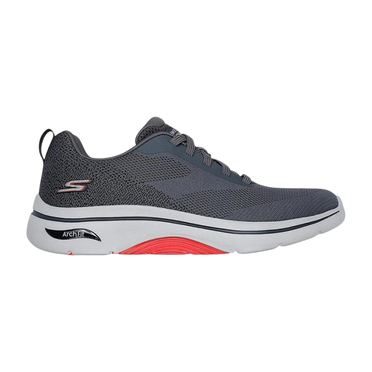 FRG GO WALK ARCH FIT 2.0 TEMPORAL grey mesh walking sneaker with white midsole and red arch support detail