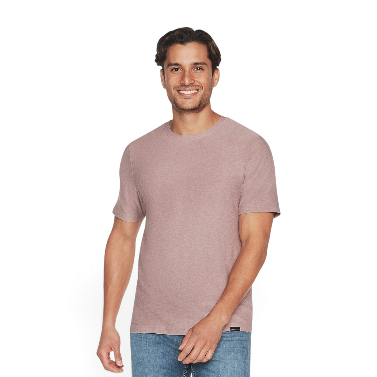 FRG GODRI ALL DAY TEE in dusty rose, a moisture-wicking recycled polyester blend crew neck t-shirt worn by a man.
