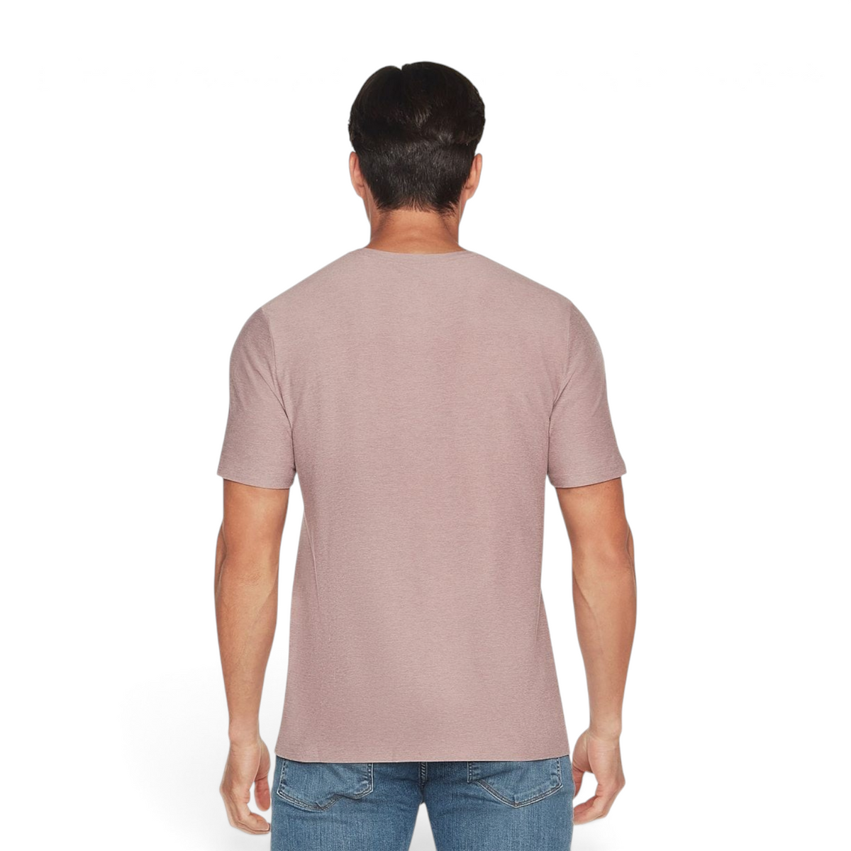 Back view of a man wearing a mauve FRG GODRI ALL DAY TEE made from a recycled polyester blend.