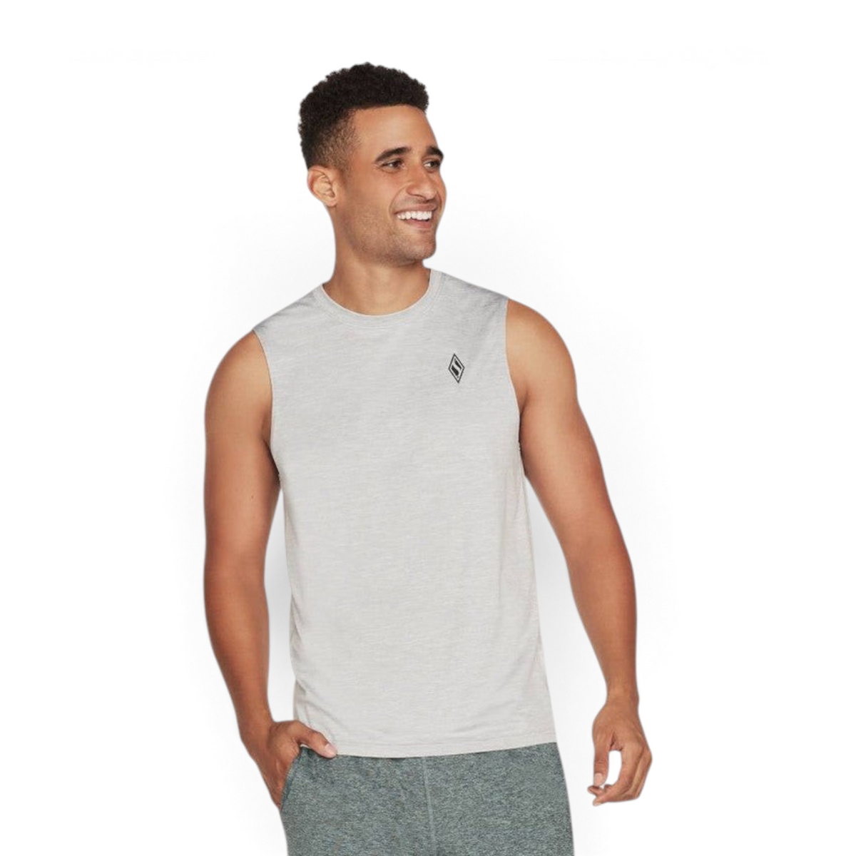 FRG Skechers ON THE ROAD athletic muscle tank in gray with a small chest logo worn by a smiling man