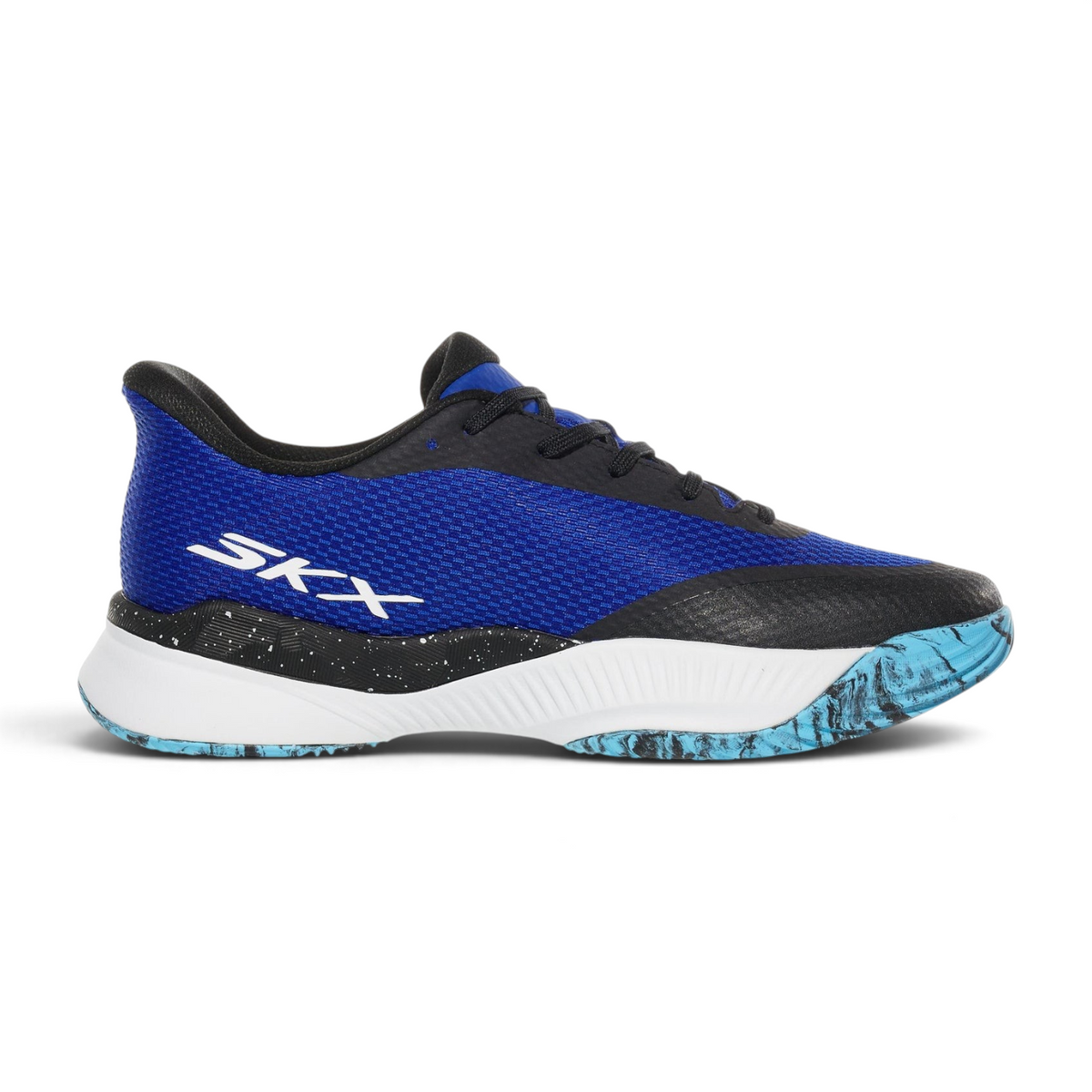 FRG Skechers State Champ tennis shoe in black and blue with a lightweight mesh upper and speckled white midsole.