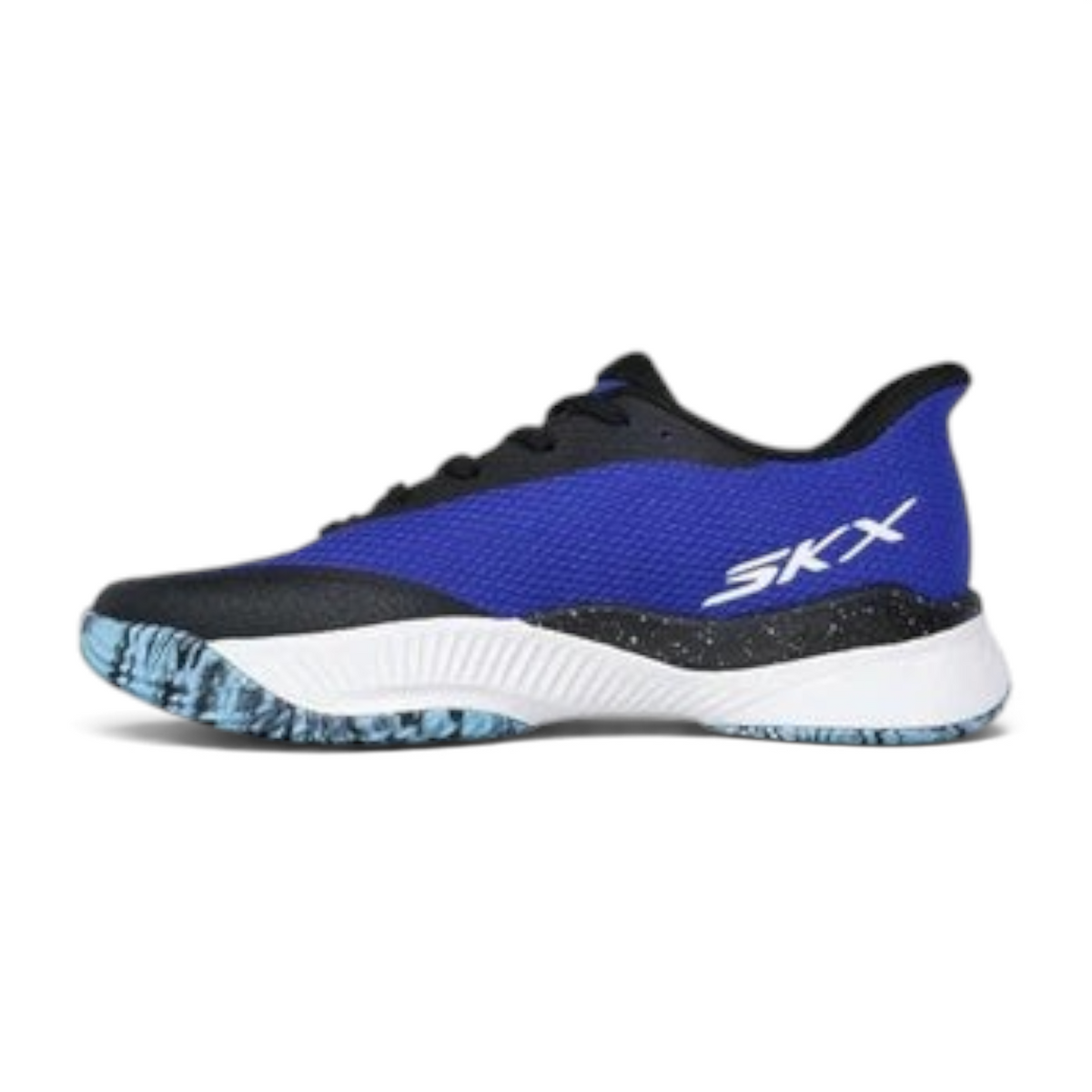 FRG Skechers State Champ tennis shoe in black and blue with a lightweight mesh upper and speckled midsole
