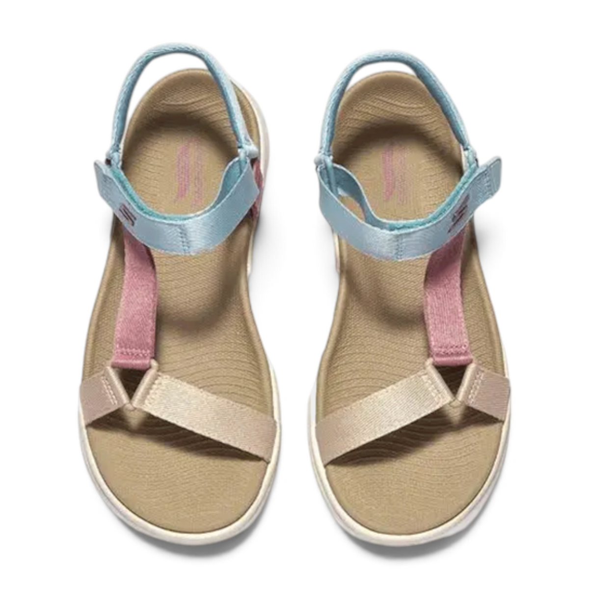 FRG Skechers Arch Fit Radiance sandals in natural multi-colour with adjustable blue, pink, and beige fabric straps