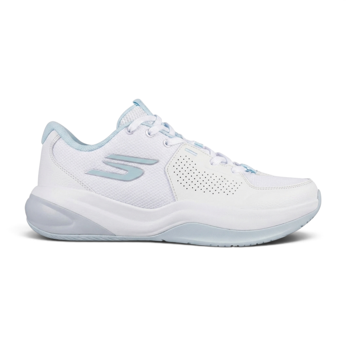 FRG Skechers LEAGUE low-top basketball shoes in white with light blue accents and perforated side detailing