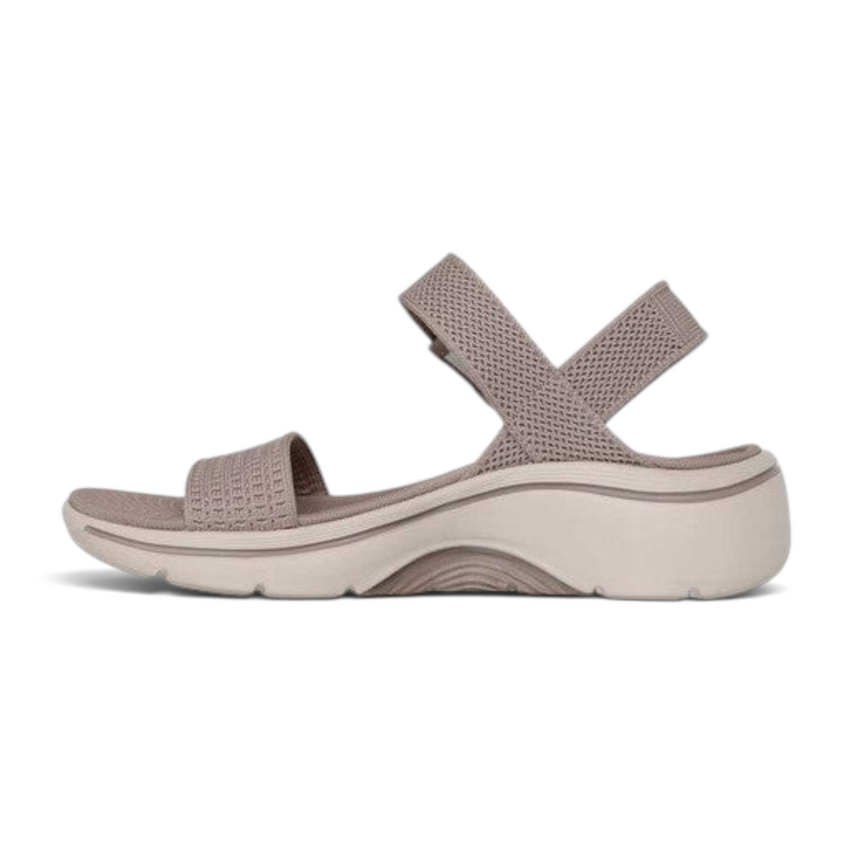 FRG Skechers GO WALK Arch Fit 2.0 Annie taupe textile sandal with cushioned arch support and side view