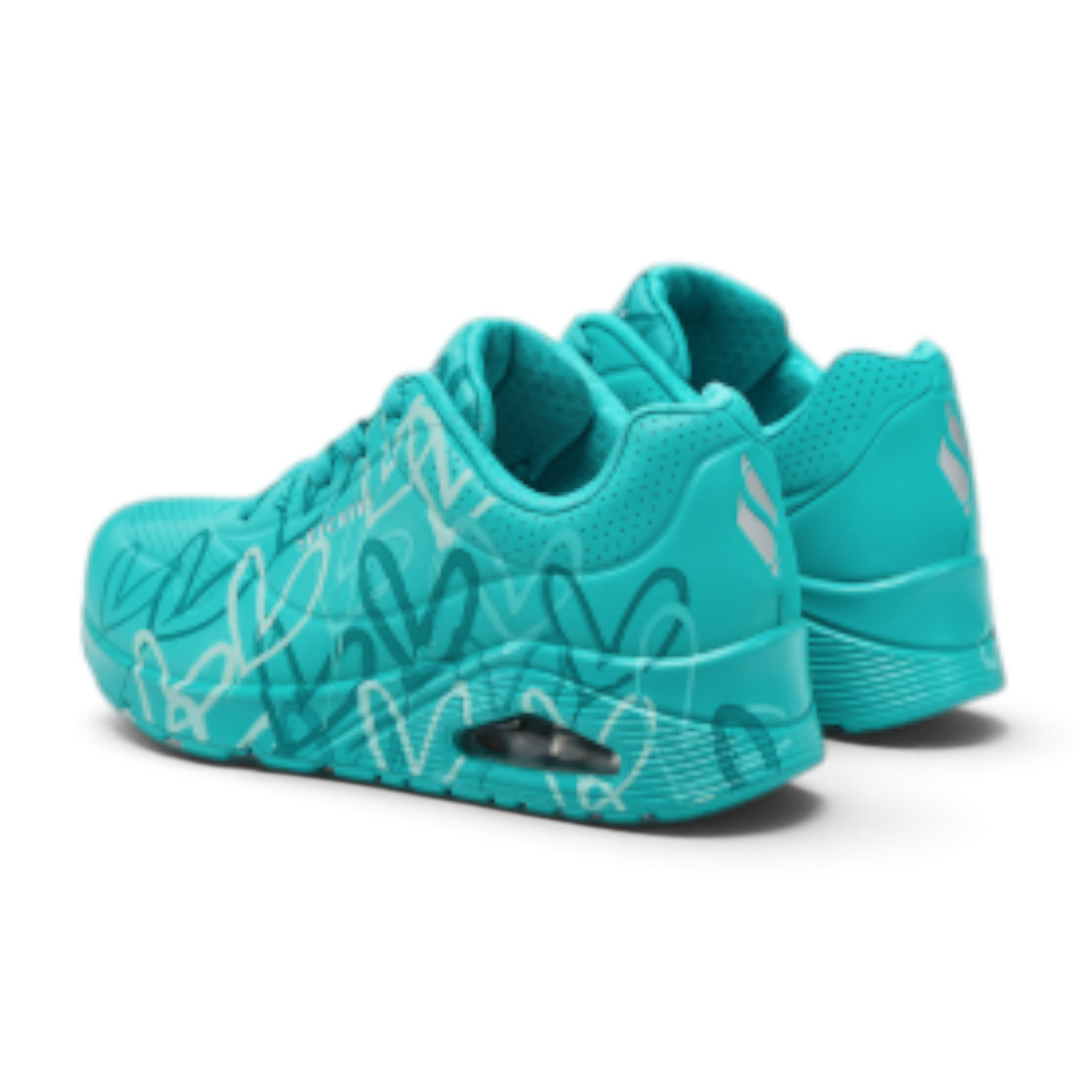 FRG Skechers Uno Spread The Love teal sneakers with heart print pattern and visible air-cushioned heel