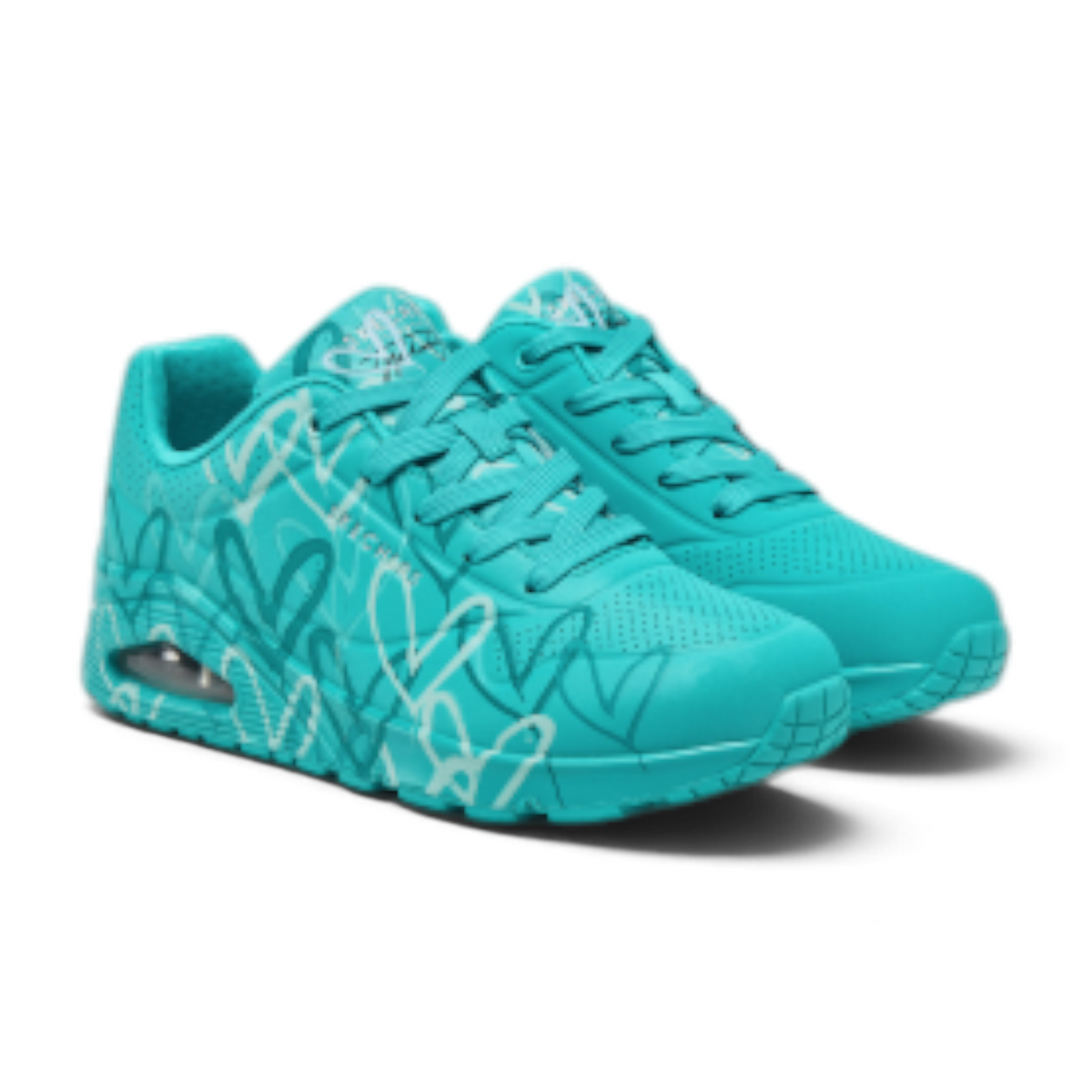 FRG Skechers Uno Spread The Love teal lifestyle sneakers featuring a white heart print and visible air-cushioned heel.