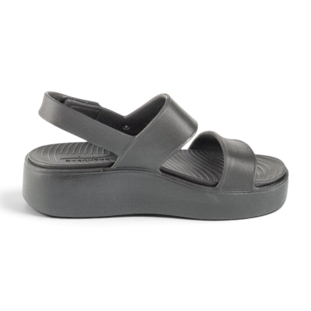 FRG Skechers Arch Fit Upbeat black platform sandal with double cross-band straps and adjustable slingback