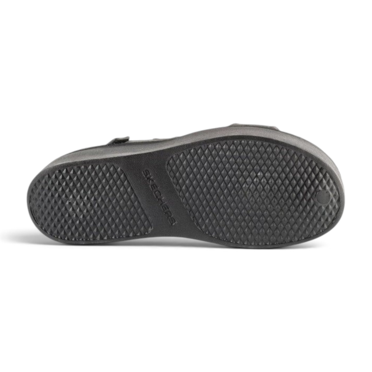 FRG Skechers Arch Fit Upbeat black platform sandal showing the textured rubber outsole with Skechers branding