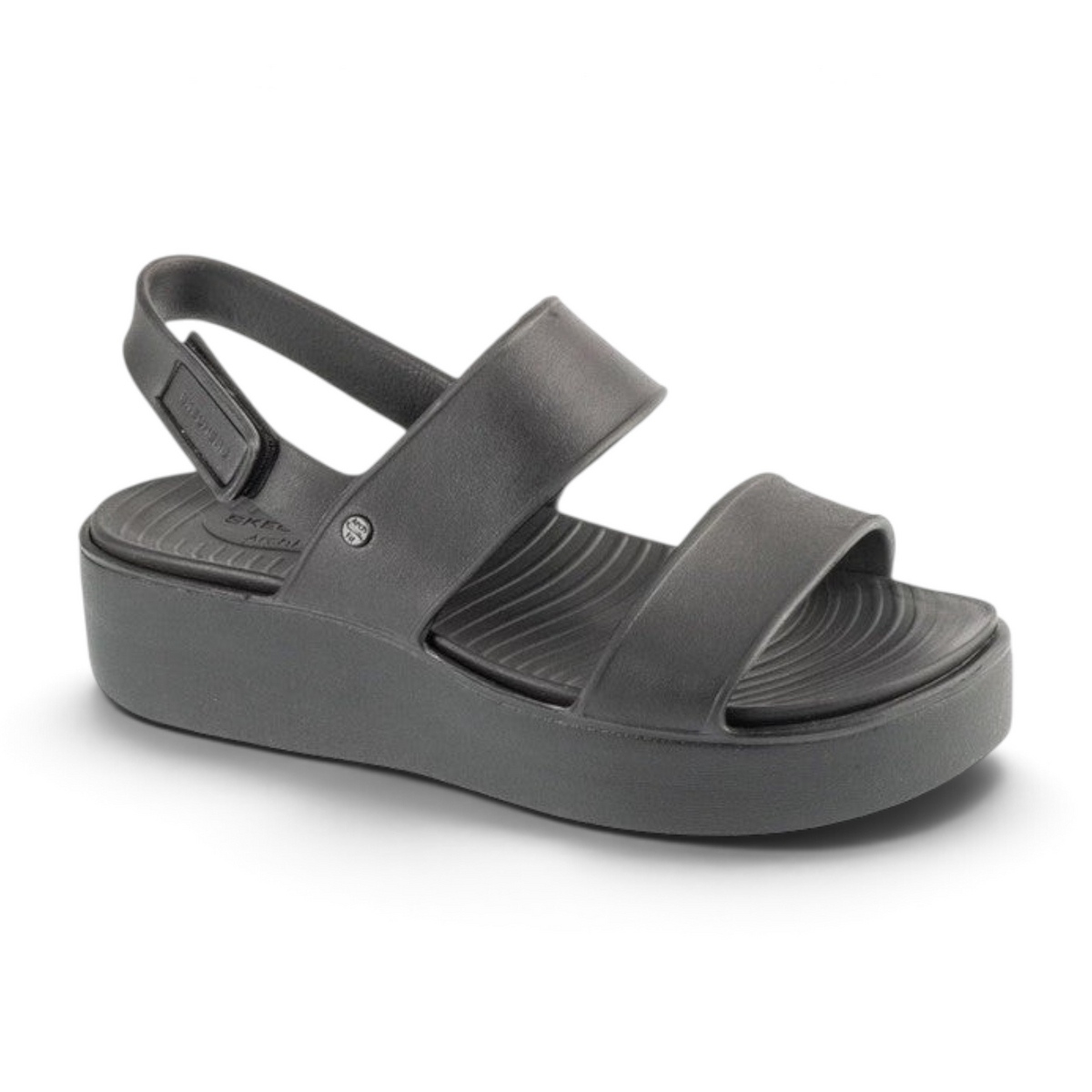 FRG Skechers Arch Fit Upbeat platform sandals in black with double cross-band straps and adjustable slingback.