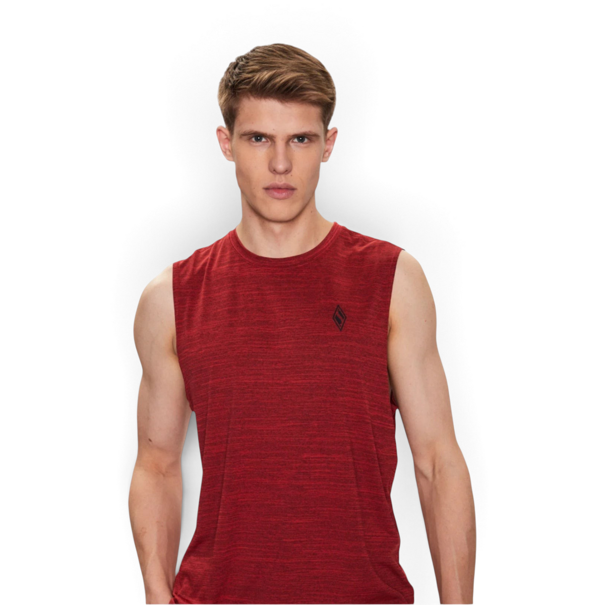 FRG ON THE ROAD TANK in deep red heathered fabric worn by a male model, featuring a small black logo on the chest.