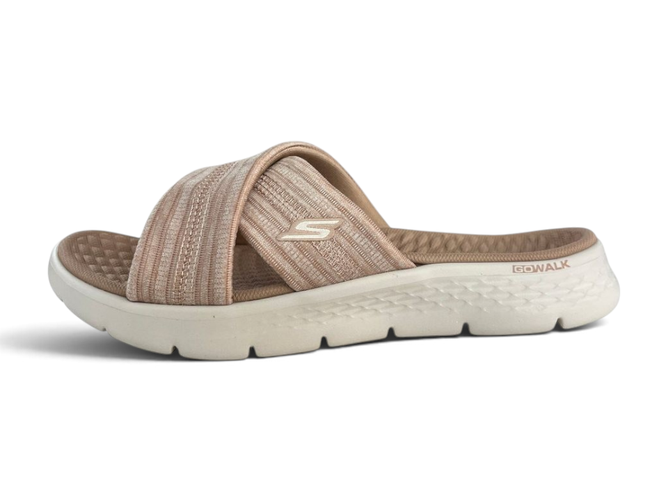 FRG Skechers GO WALK FLEX taupe vegan slide sandals with woven memory foam cross-strap and cushioned sole
