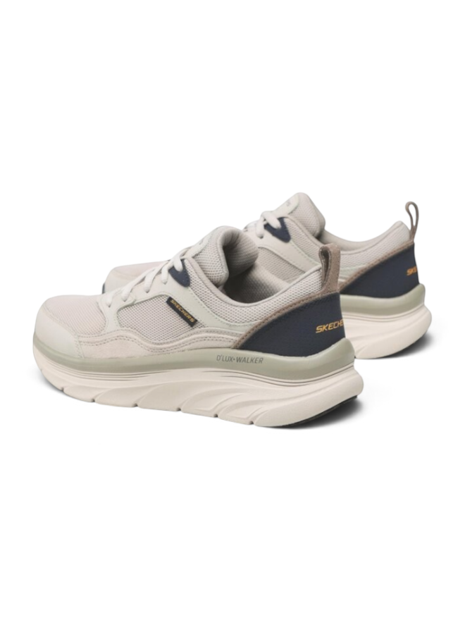 FRG Skechers Relaxed Fit D'Lux Walker New Moment sneakers in beige and navy with a chunky cushioned sole