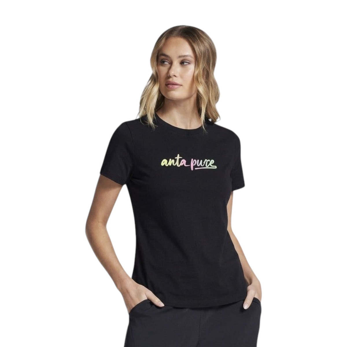 FRG ANTA black short sleeve training t-shirt with colorful script logo worn by a blonde model